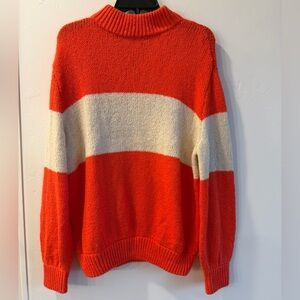Aerie Vibrant Orange and Cream Striped Turtleneck Cotton Sweater